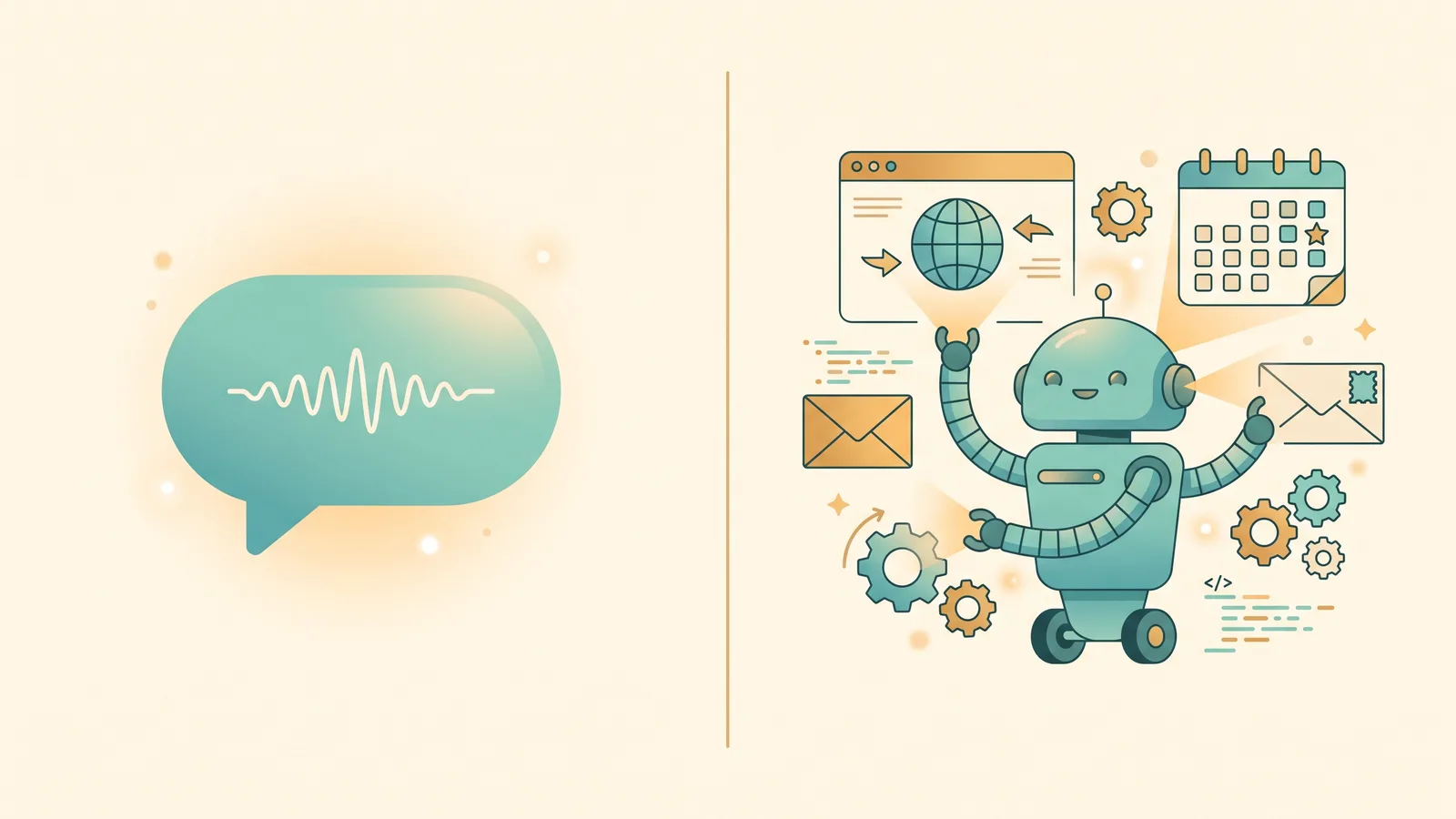A split illustration comparing a chatbot that replies with text to an AI agent that carries out tasks using tools.