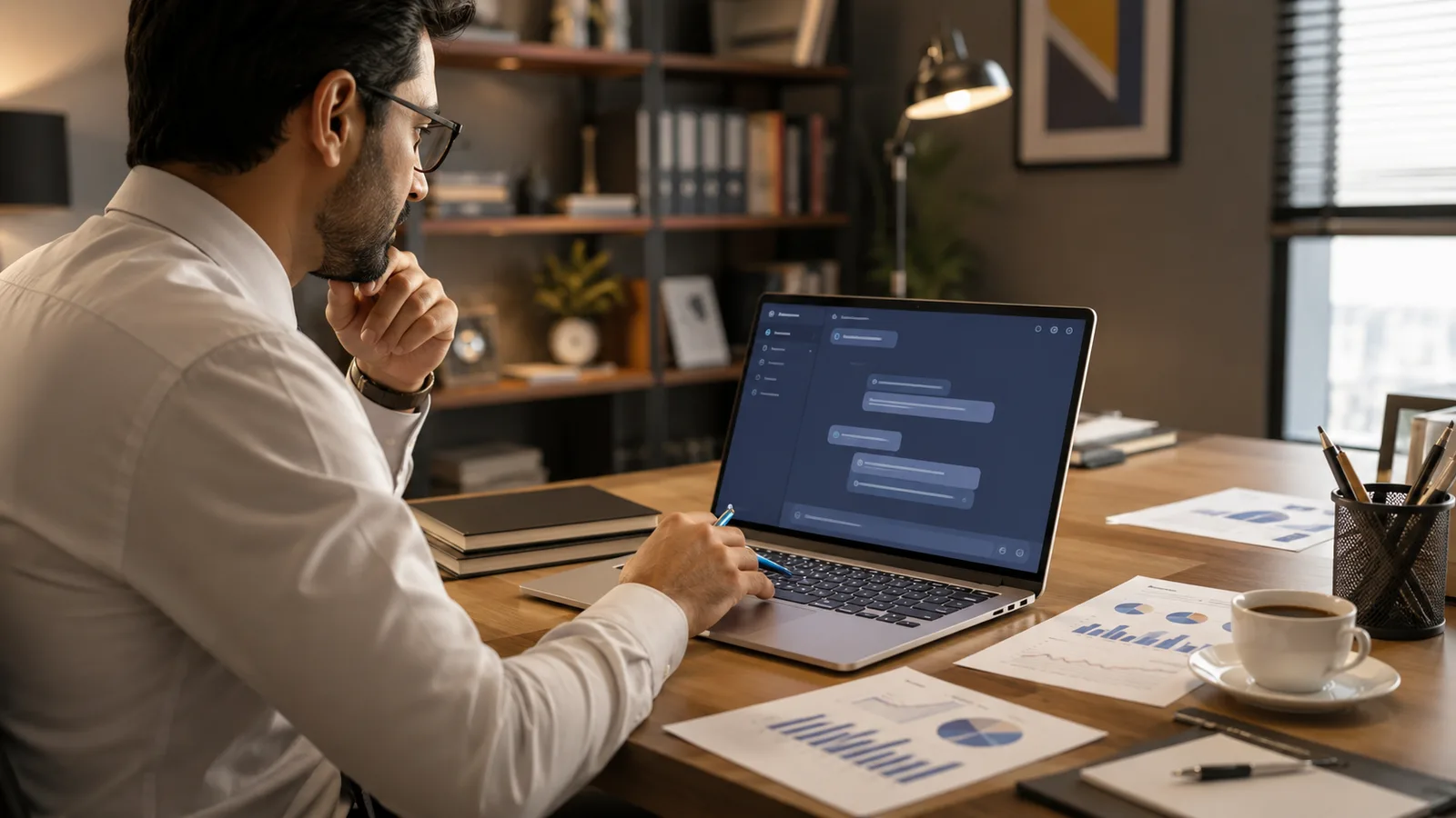 A financial advisor at a desk using an AI assistant on a laptop next to client charts, representing AI tools for financial advisors in 2026.