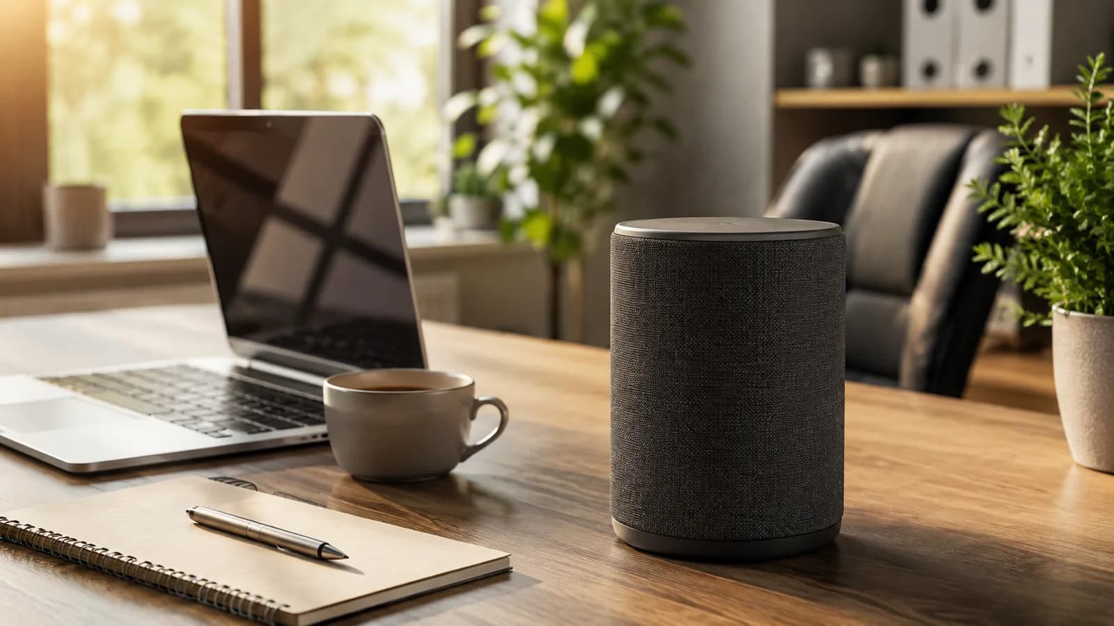 An Amazon Echo smart speaker on a desk in a small office, representing voice assistant options after Alexa for Business was discontinued.