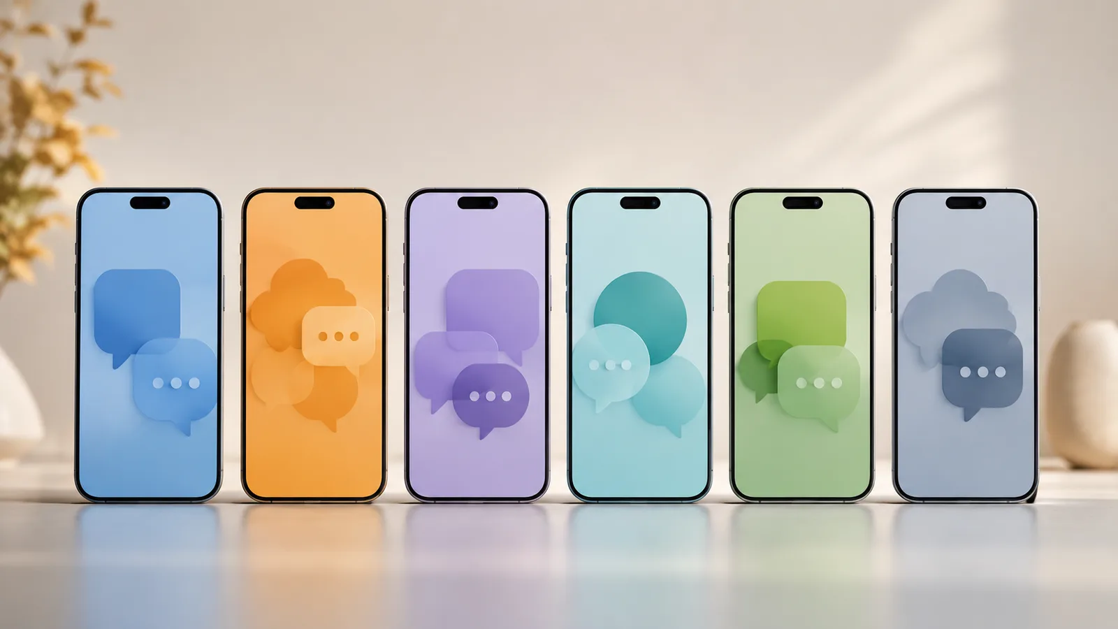 Six smartphones in a row, each glowing a different colour and showing abstract chat bubbles, representing the AI chatbots compared in this guide.