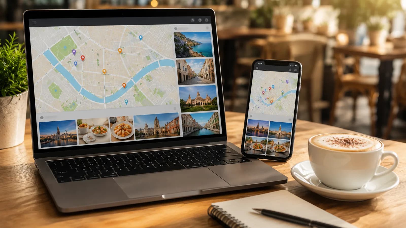A paper map, a phone, and a coffee on a wooden cafe table, seen from above, ready for trip planning.