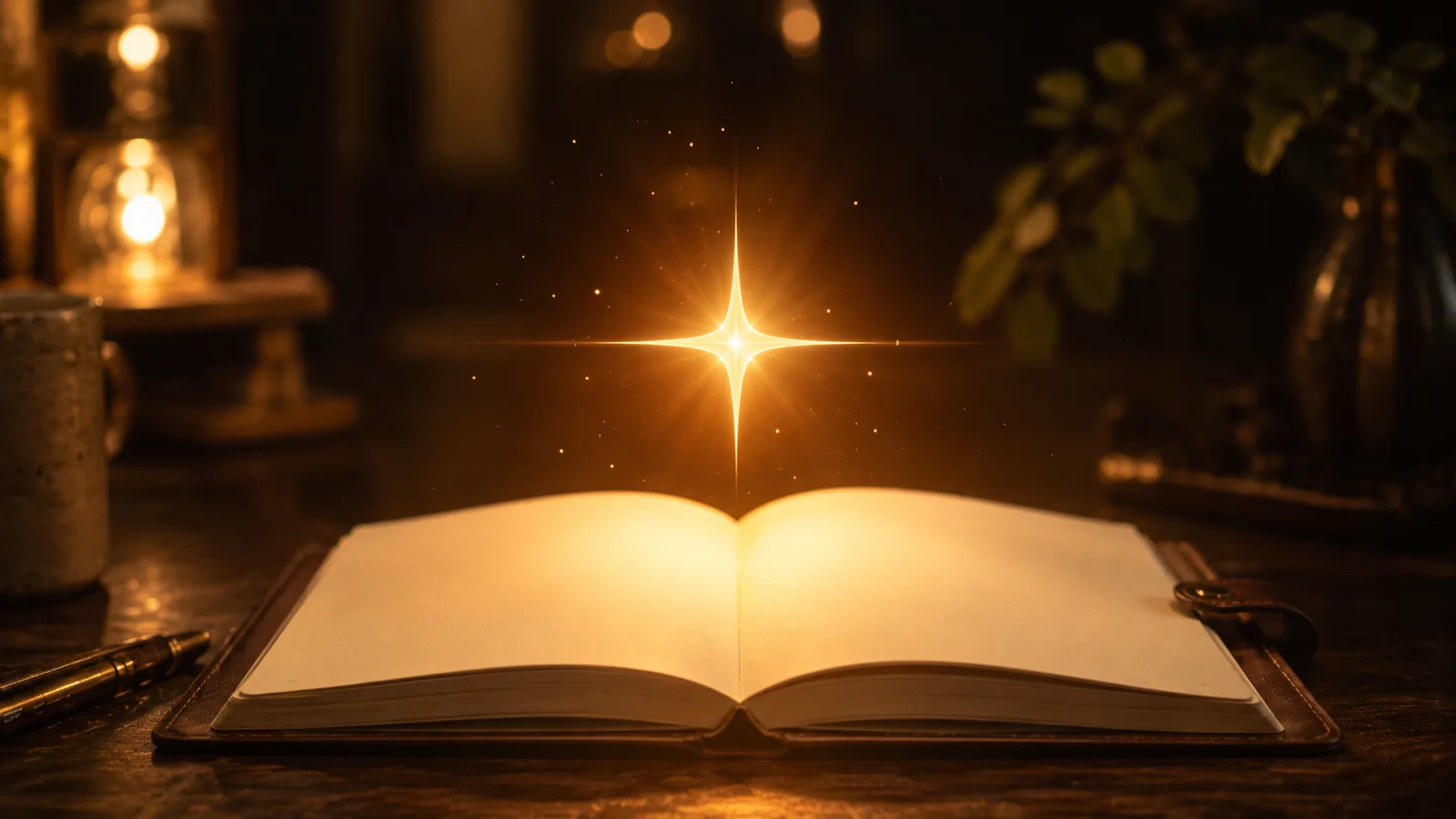 A glowing four-pointed spark of light hovering above an open blank notebook on a warm, dimly lit desk.