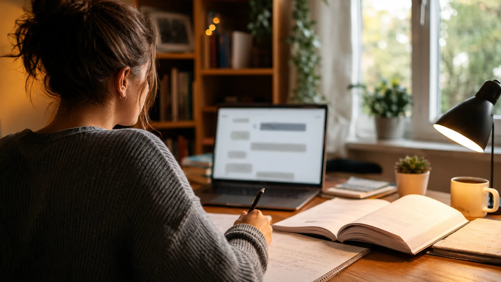 A student at a laptop with ChatGPT open in study mode next to an open textbook and handwritten notes.