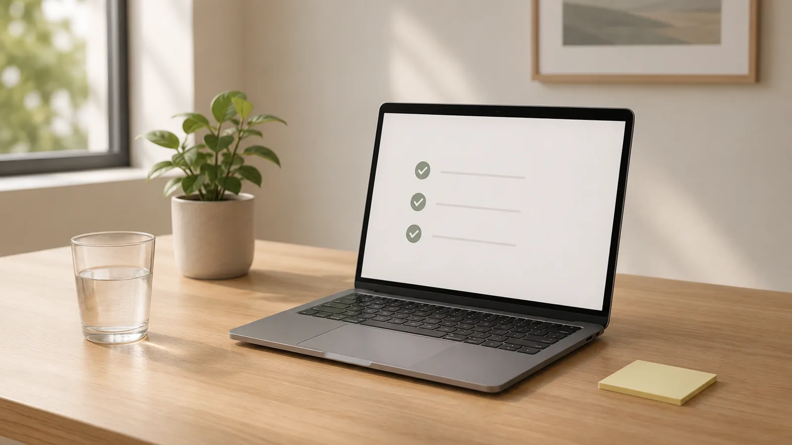 A calm desk with a laptop showing a short, tidy checklist, a glass of water and a sticky note beside it.