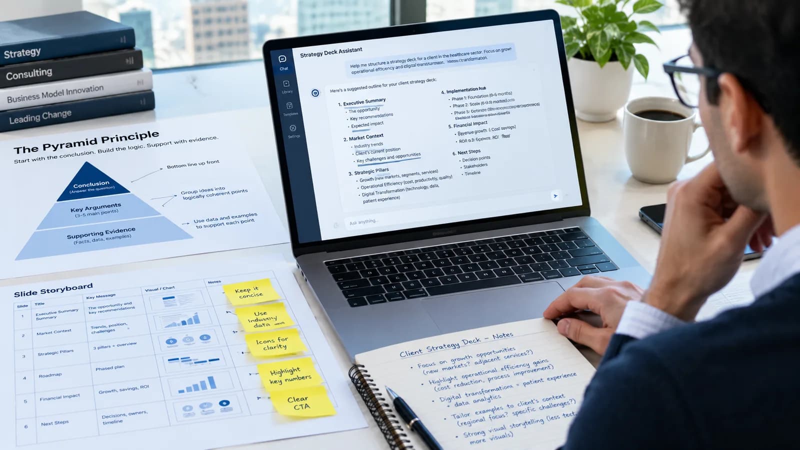 A consultant at a laptop using a chat assistant to structure a client strategy deck, with a framework diagram and notes on the desk.