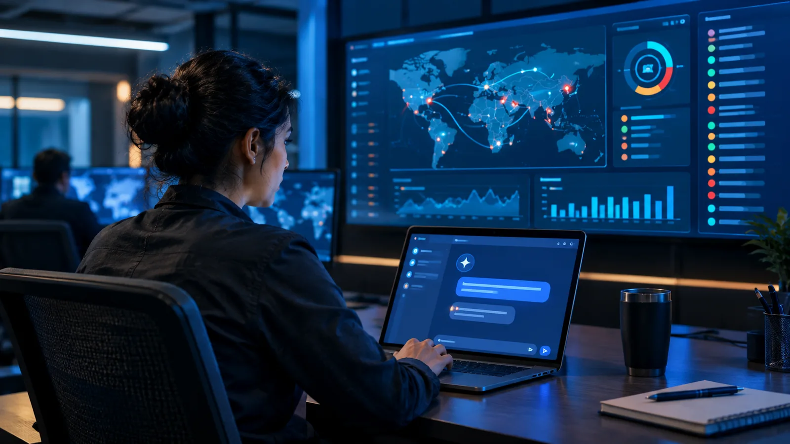 A security analyst at a laptop using a chat assistant to draft an incident report, with a security dashboard on the screen.