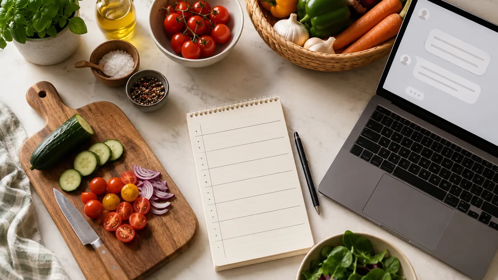 A kitchen counter with fresh vegetables, a notepad with a weekly plan, and a laptop showing a meal-planning chat.