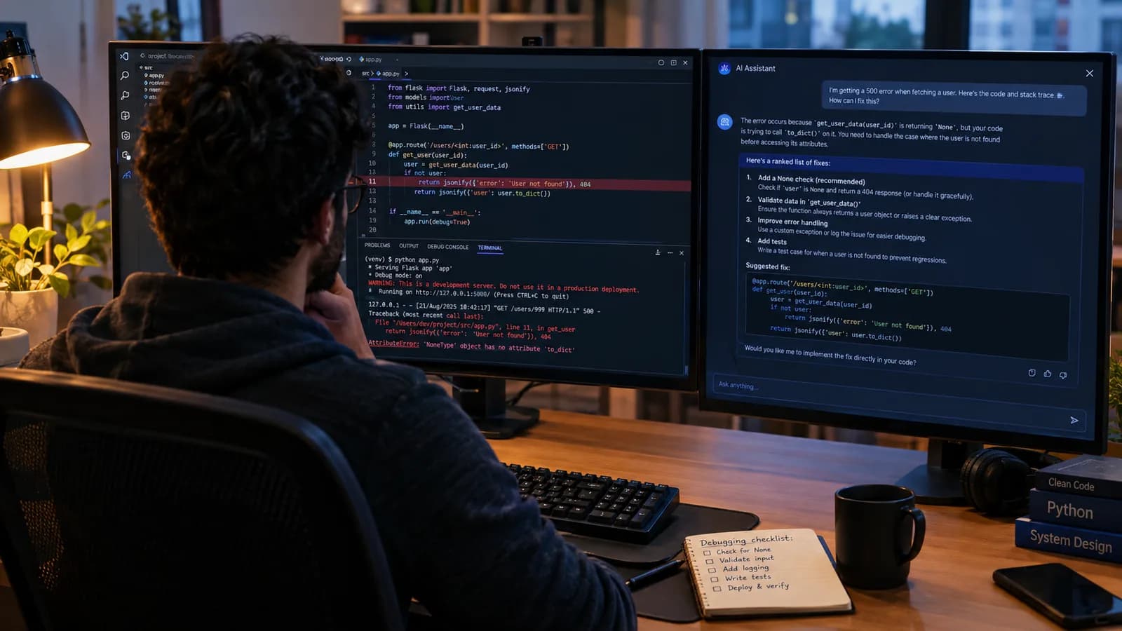 A developer at a laptop using a chat assistant to debug a stack trace, with code and a terminal open on a second screen.