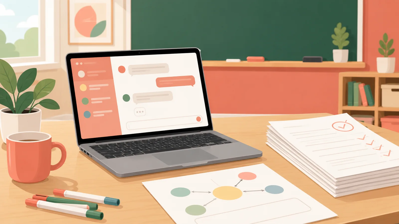 A teacher at a laptop with a chat assistant open, planning a lesson beside a stack of worksheets.