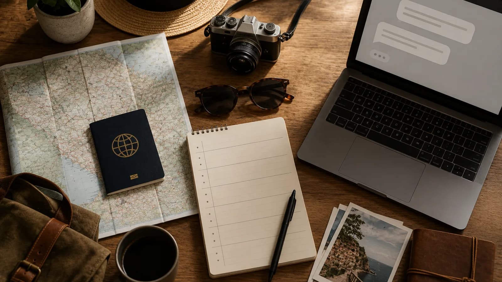A desk with an open laptop showing a travel chat, a paper map, a passport, and a notebook with a trip itinerary.