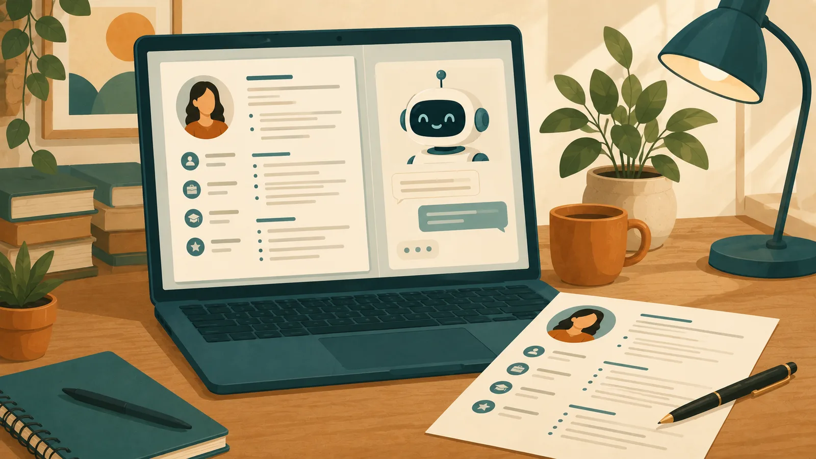 A resume on a laptop screen beside a chat assistant, with a printed copy and a pen on the desk.