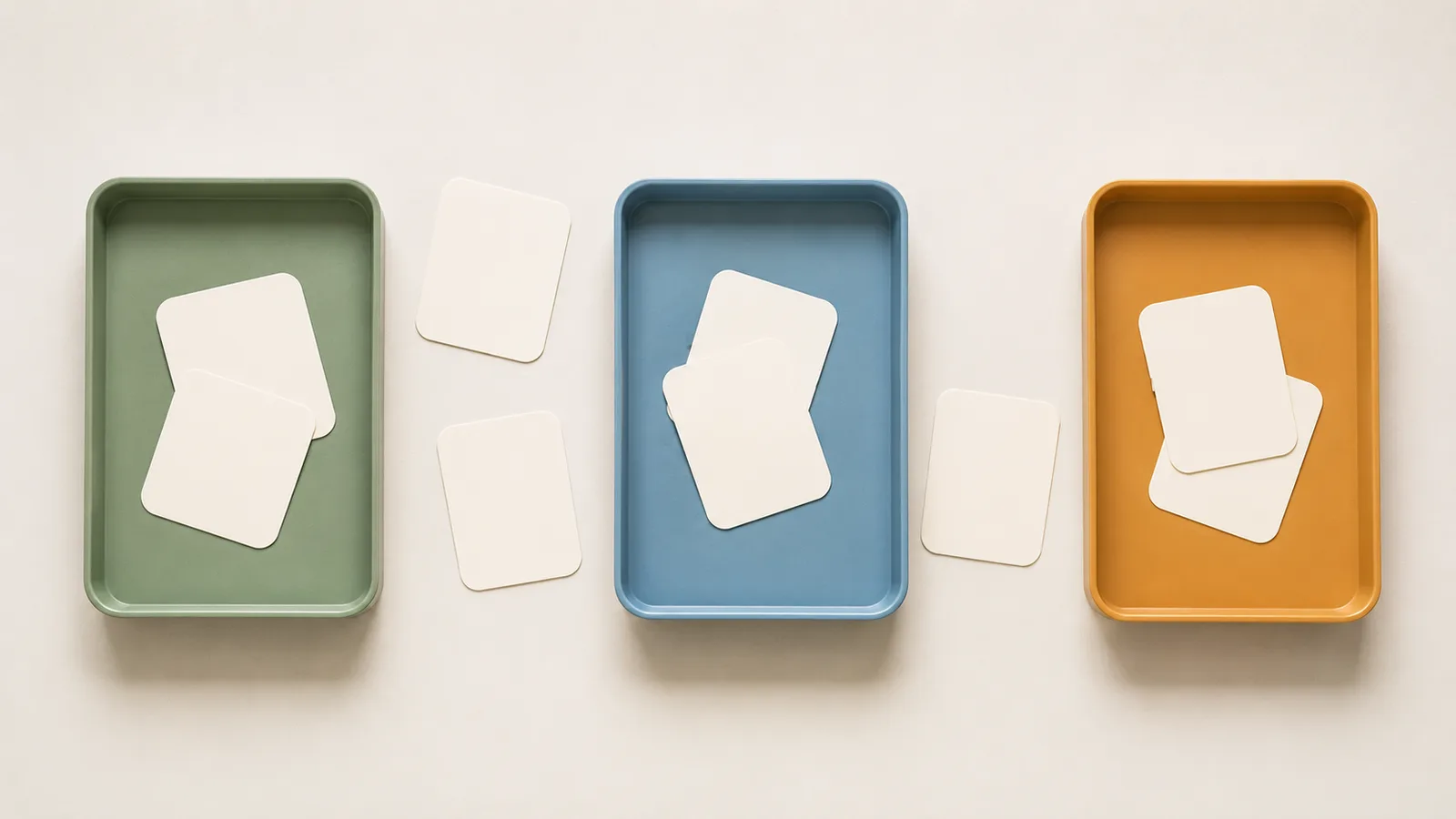 Three shallow trays in a row, one green, one blue, one amber, with plain blank cards sorted between them as if each task is being routed to the right tray.