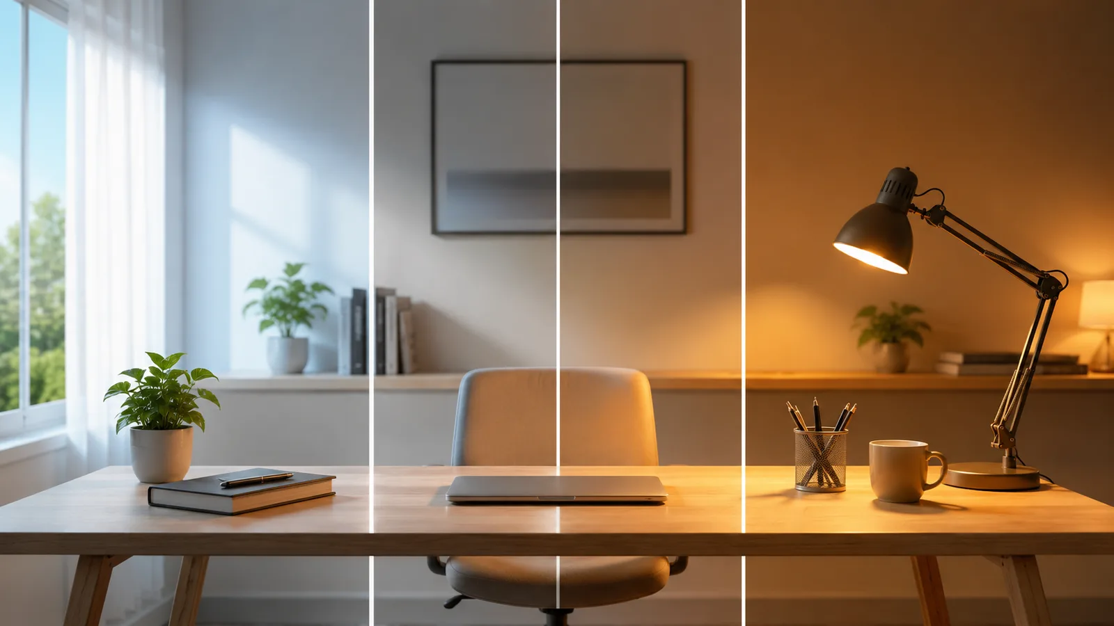 A home-office desk lamp shifting from cool daylight-white in the morning to warm amber in the evening, showing circadian tunable lighting.