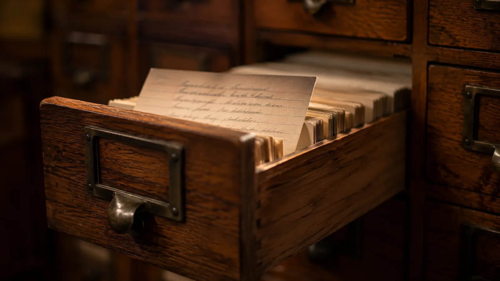 An open wooden library card-file drawer packed with handwritten index cards, one card raised above the others under warm light.