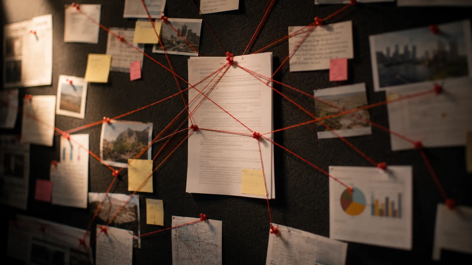 A detective-style connection board of many pinned source cards, clippings, and charts joined by red string that converges on a central document.