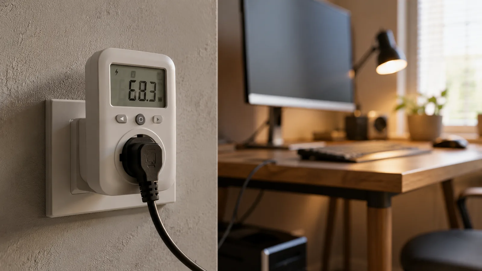 A plug-in energy meter between a wall outlet and a home-office desktop, showing the wattage the setup is drawing.