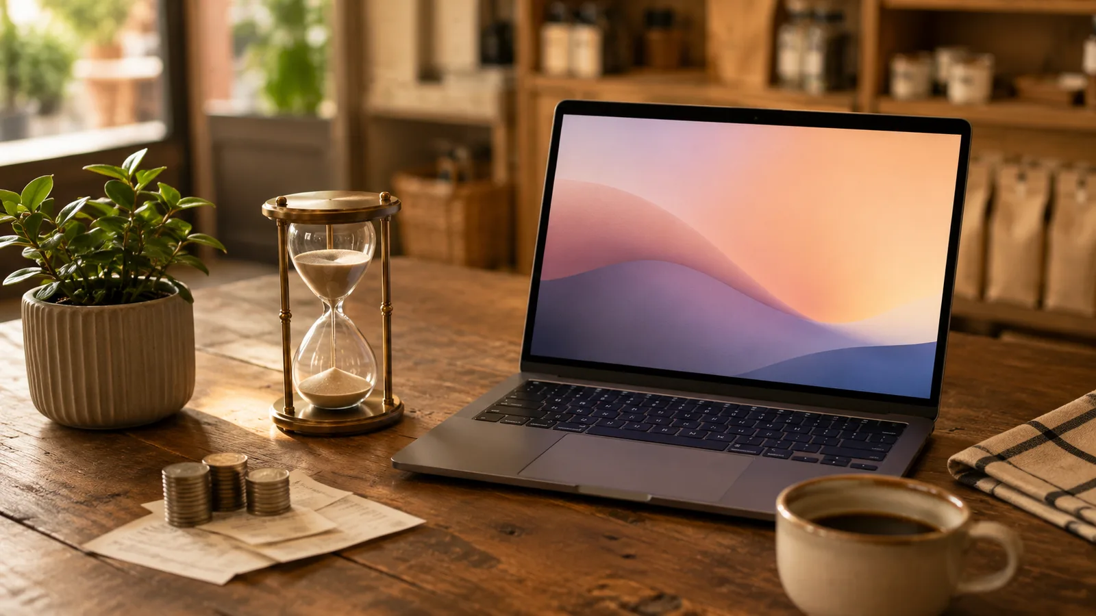 A small business owner's desk with a laptop, an hourglass, and a few coins, weighing time saved against the cost of AI tools.