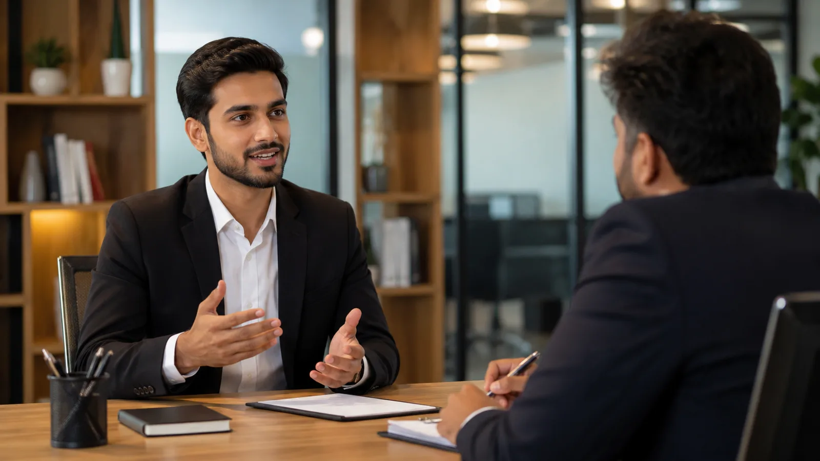 A candidate in a job interview answering a question about how they use AI in their work, with the interviewer taking notes.