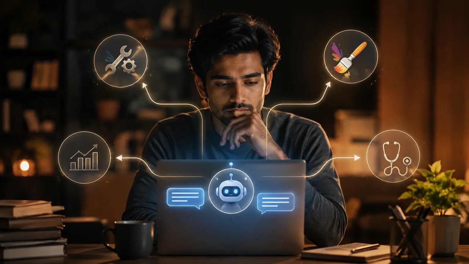 A person at a laptop mapping a career change with an AI chat assistant, with arrows pointing from an old job to several new career paths.