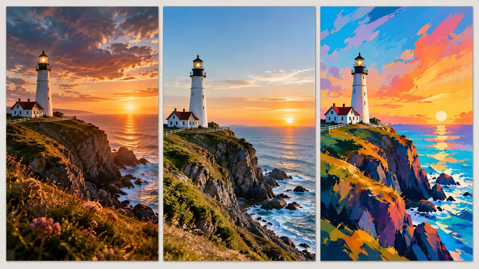Three AI-generated versions of the same scene side by side, representing Midjourney, DALL-E, and Stable Diffusion output styles.