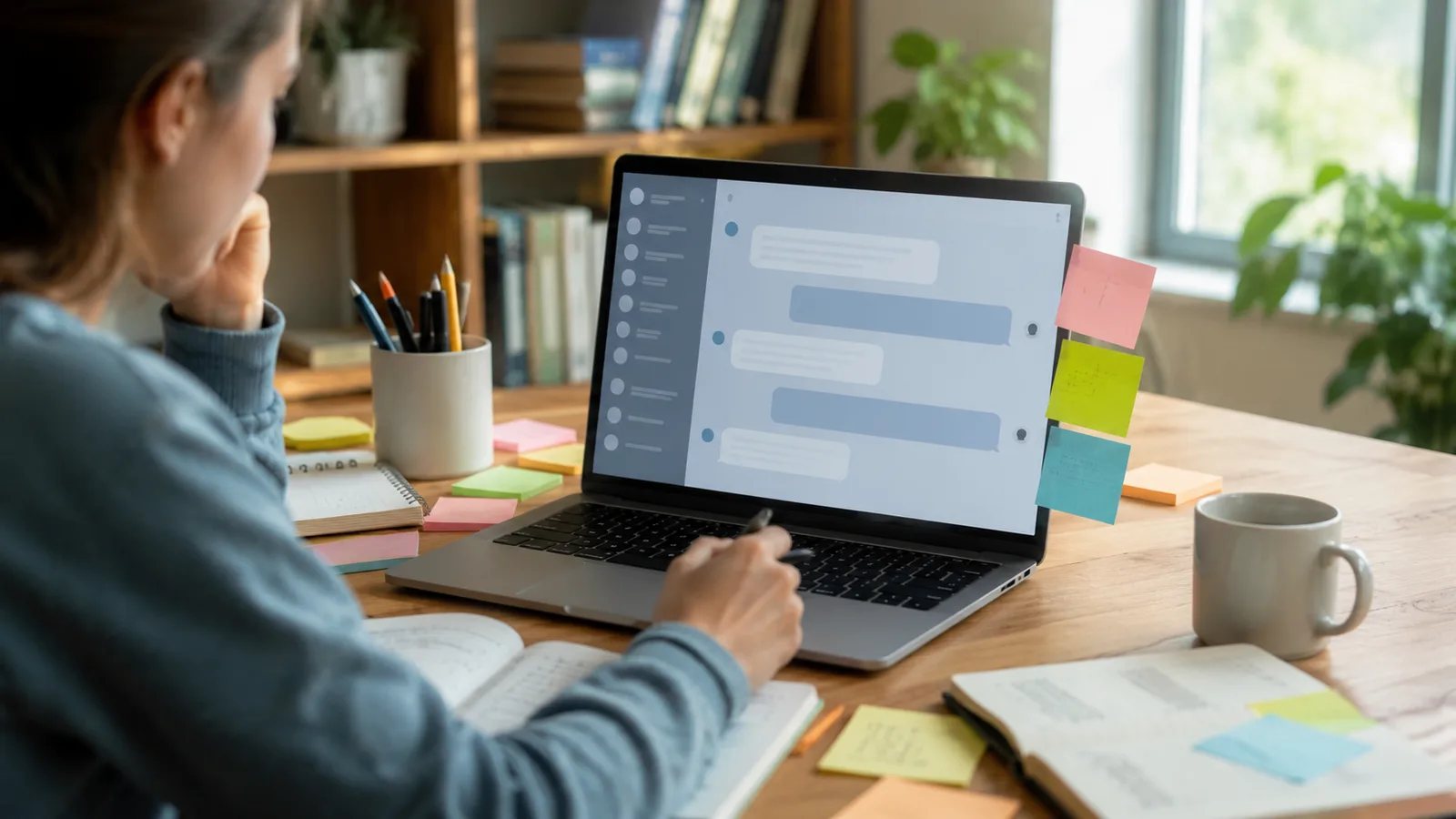 A beginner at a laptop with sticky notes showing prompt-engineering ideas, in a bright study space.