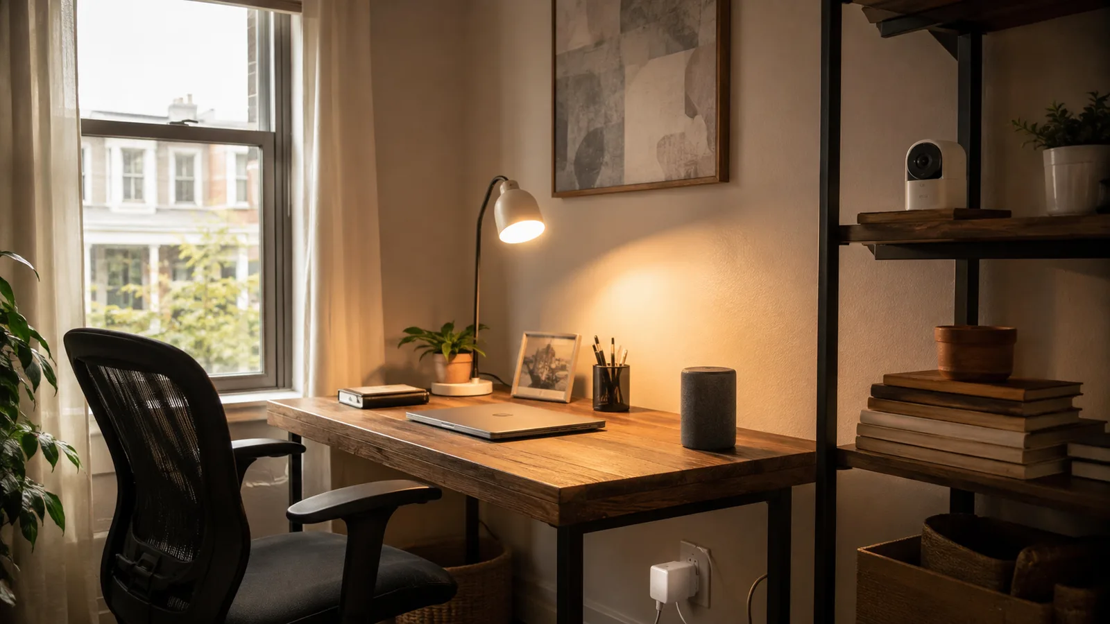 A rental home office with plug-in and battery smart devices, a lamp with a smart bulb, a smart speaker, and a battery camera, none drilled into the walls.