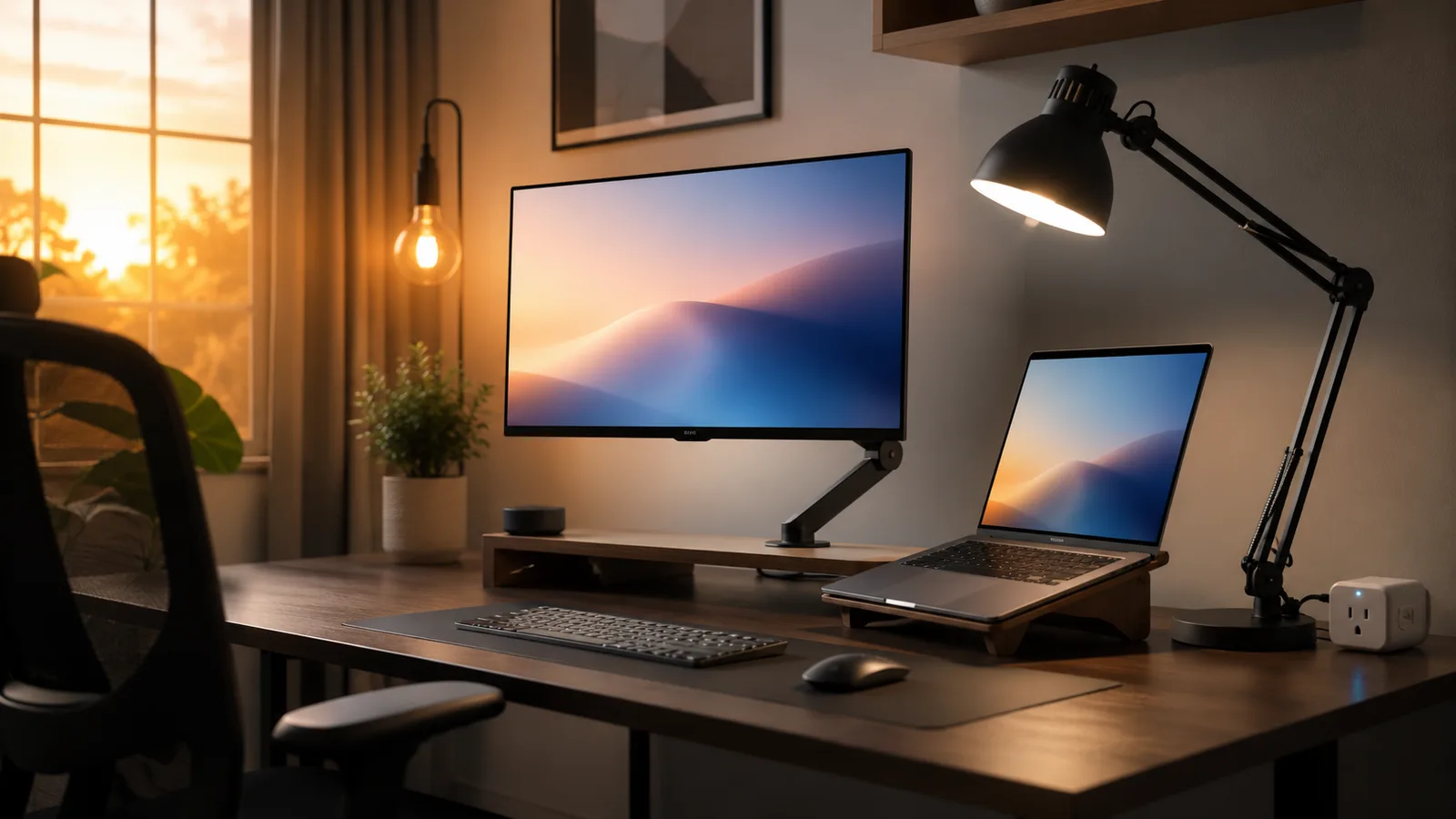 A tidy home office desk with a monitor at eye level, a laptop on a stand, a task light, and a smart plug.
