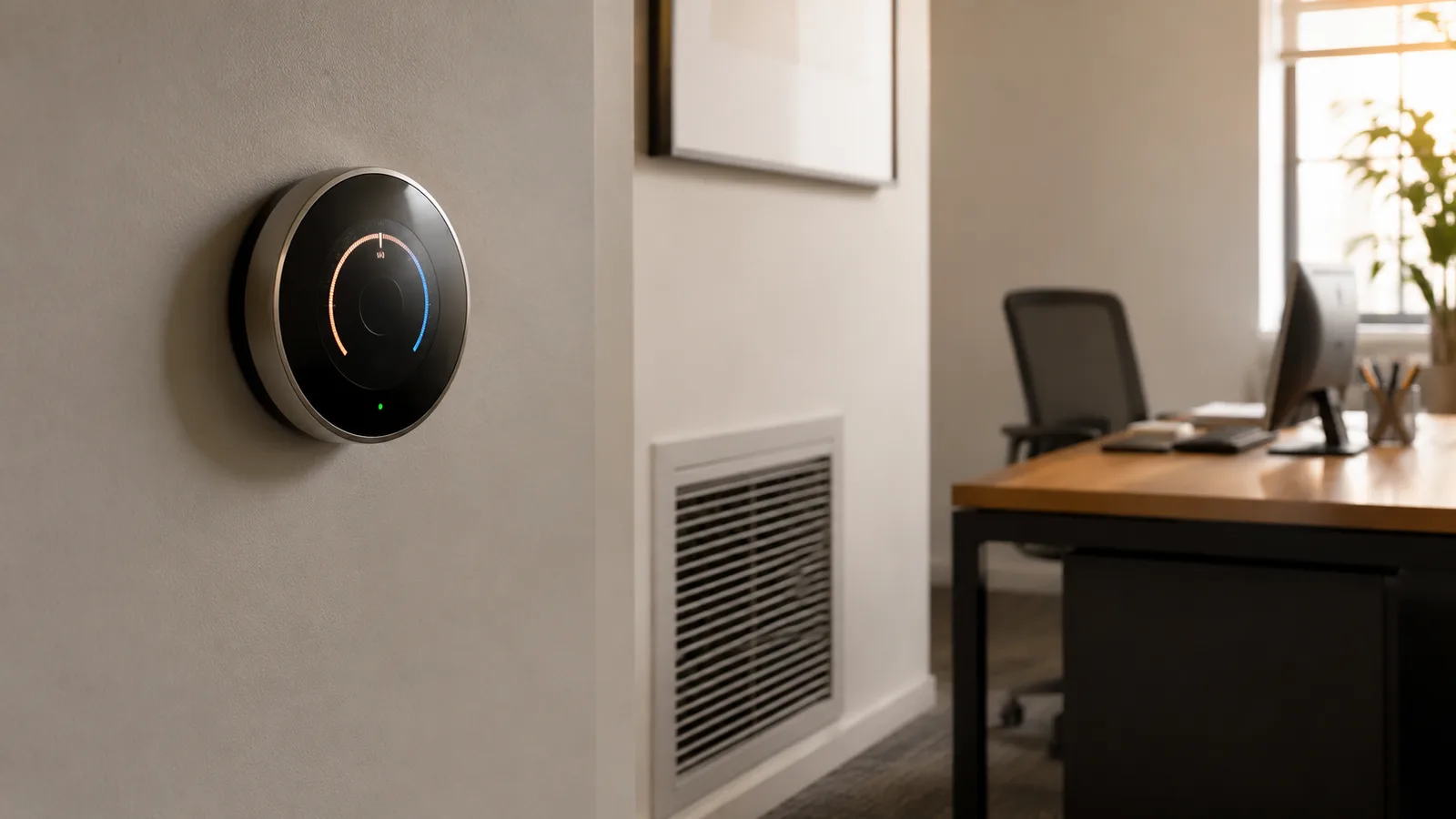 A smart thermostat on the wall of a small office with a desk and HVAC vent nearby, representing choosing a smart thermostat for a small business.