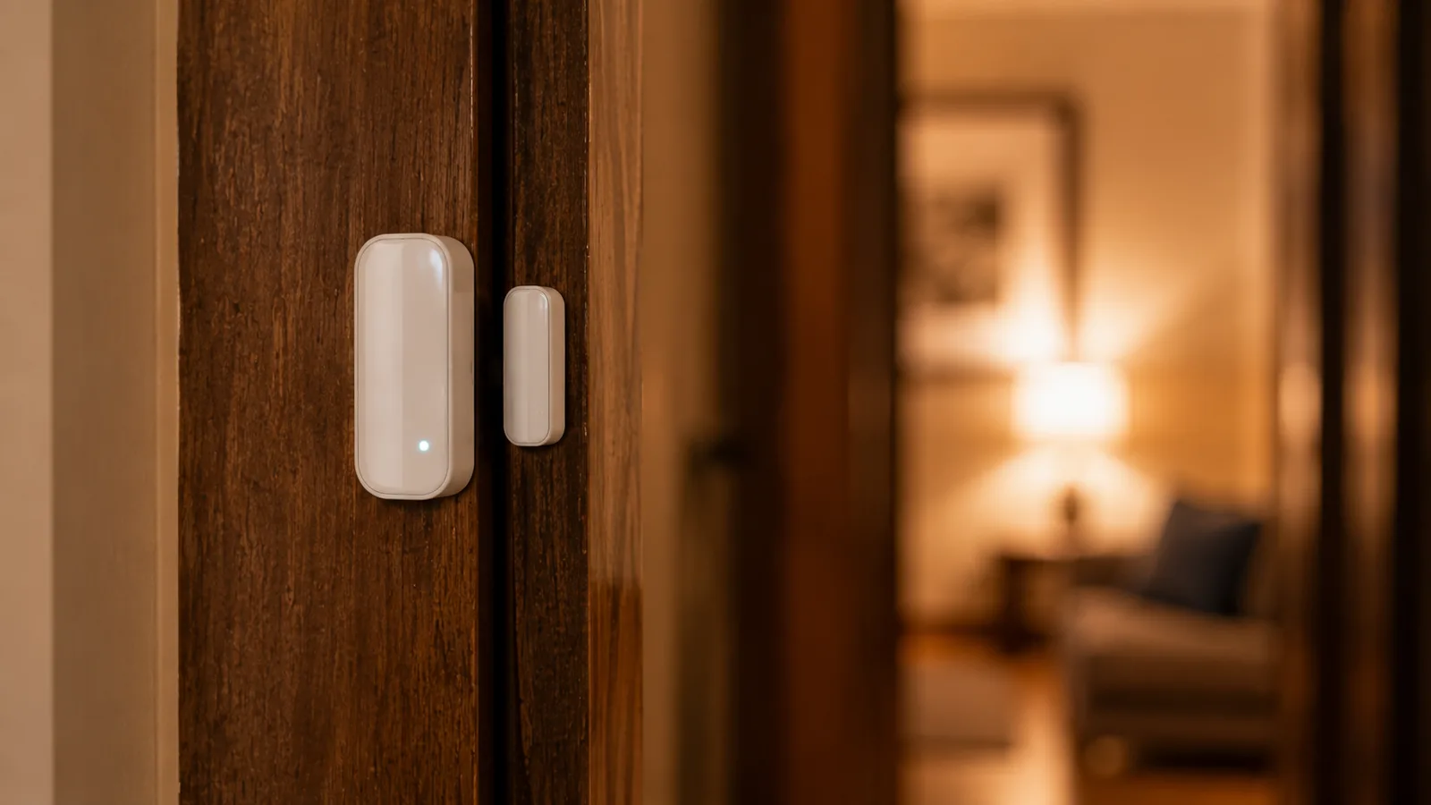 A white two-piece contact sensor mounted on a dark wooden door frame with a small blue indicator light, a warm lamp-lit room blurred beyond.