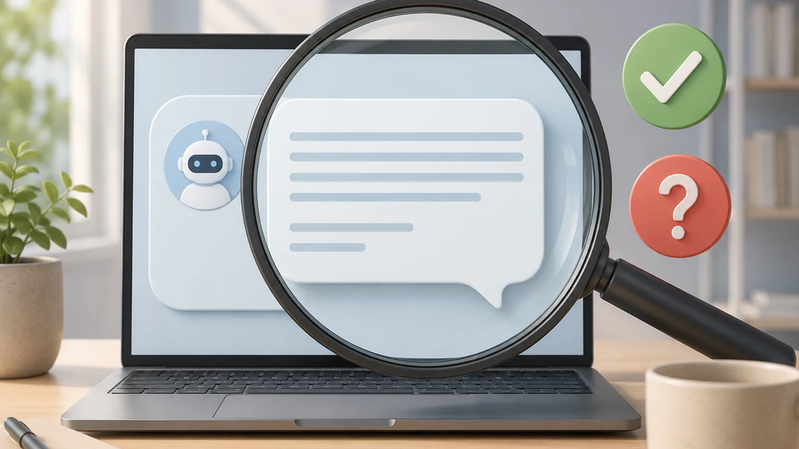 A laptop showing a chat with a question mark and a magnifying glass over the answer, suggesting fact-checking.