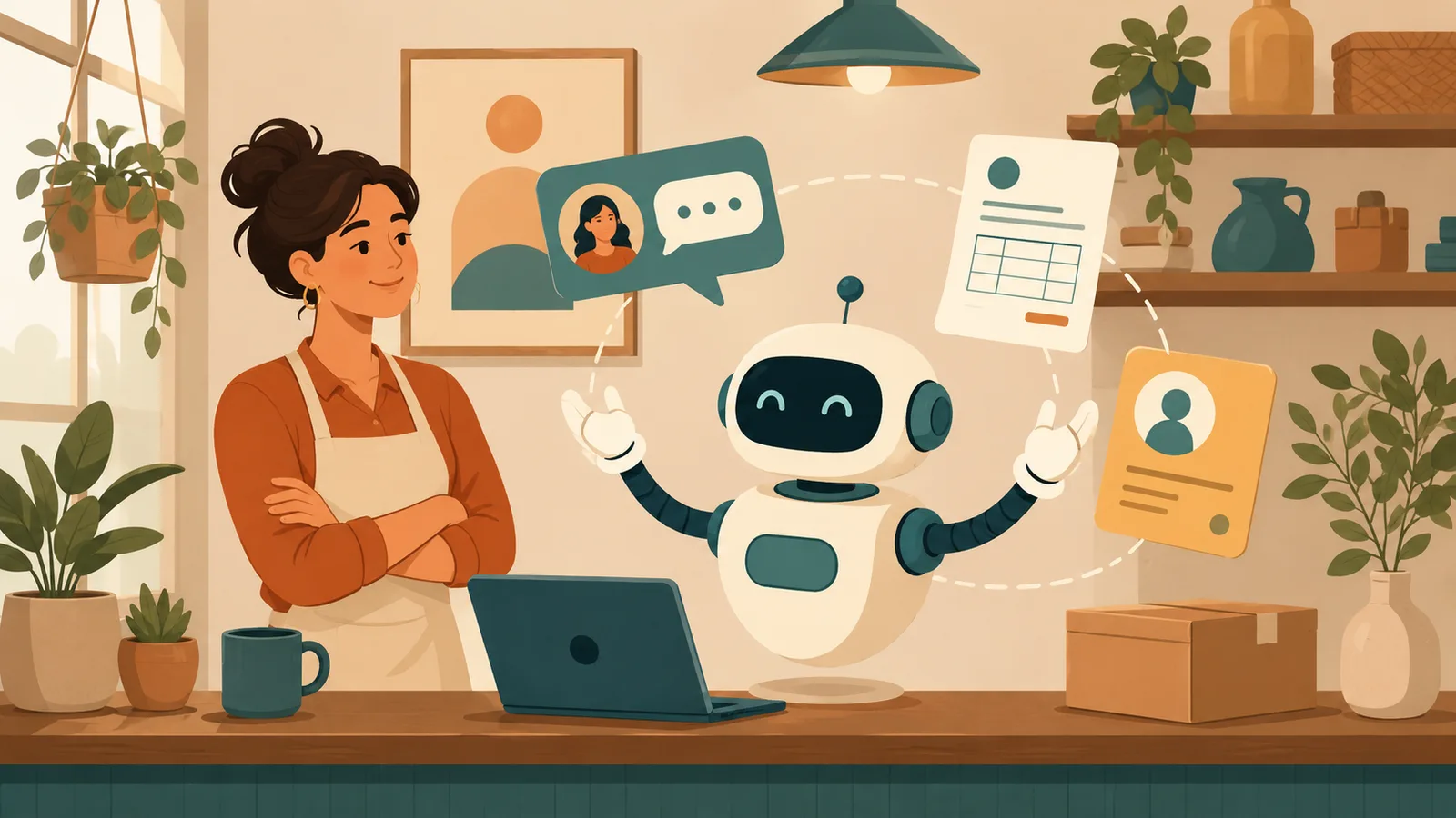 An illustration of a small-business owner overseeing an AI agent that handles customer replies, invoices, and lead research.