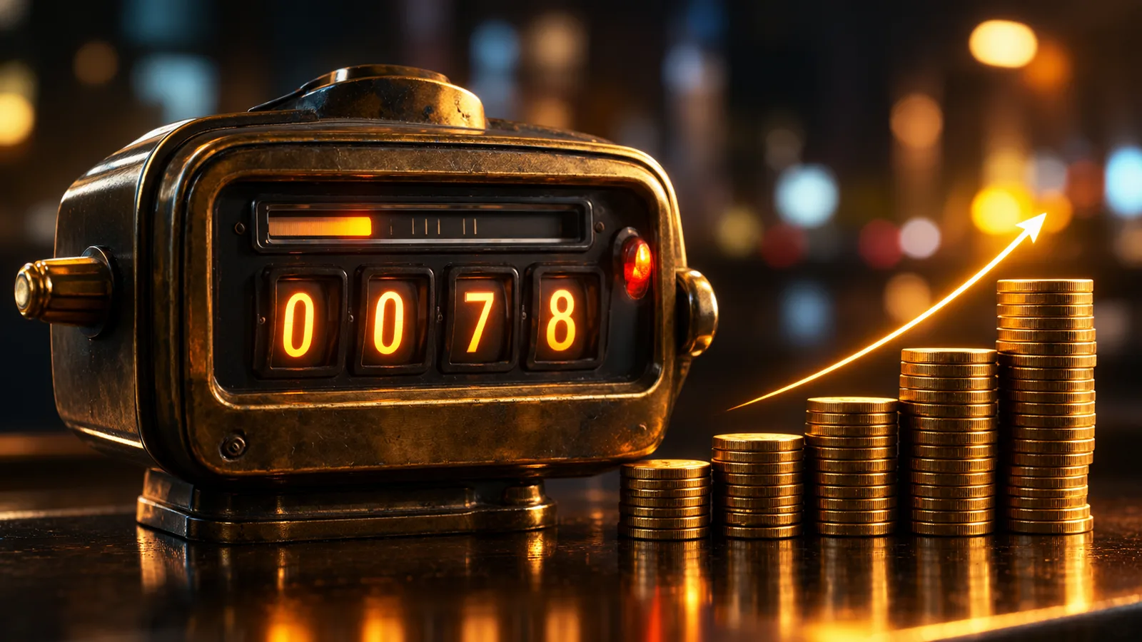 A taxi-style meter climbing beside a stack of coins, representing the real cost of AI coding agents.