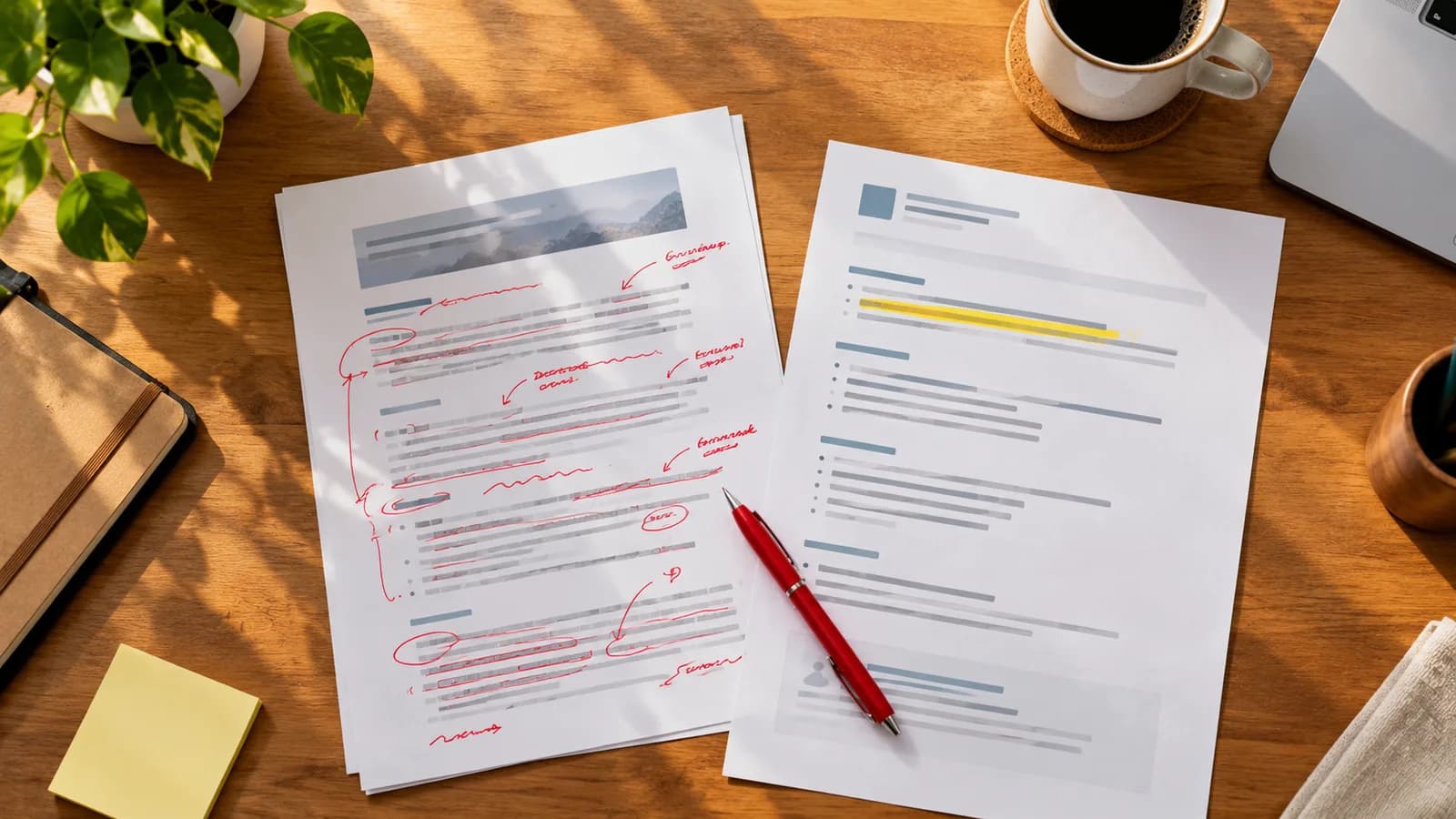 A printed freelance proposal marked up in red pen beside a highlighted job posting, representing the human pass over an AI draft.