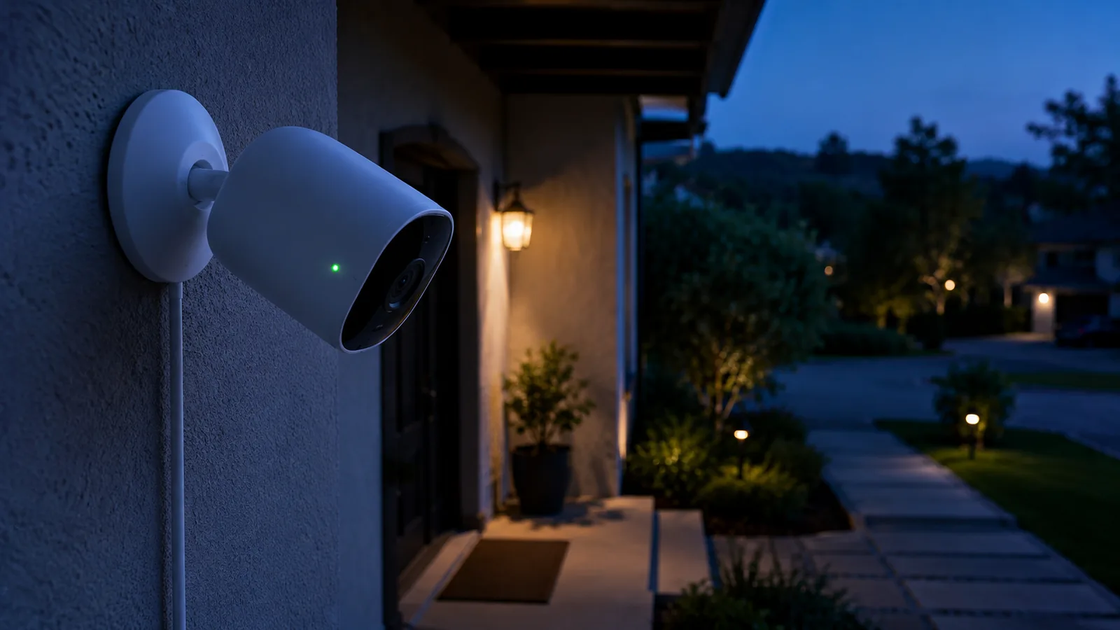 A white outdoor security camera mounted on a home's exterior wall at dusk, a small green recording light glowing, angled toward a porch lit by a warm doorway lamp with the garden and path in blue evening shadow.