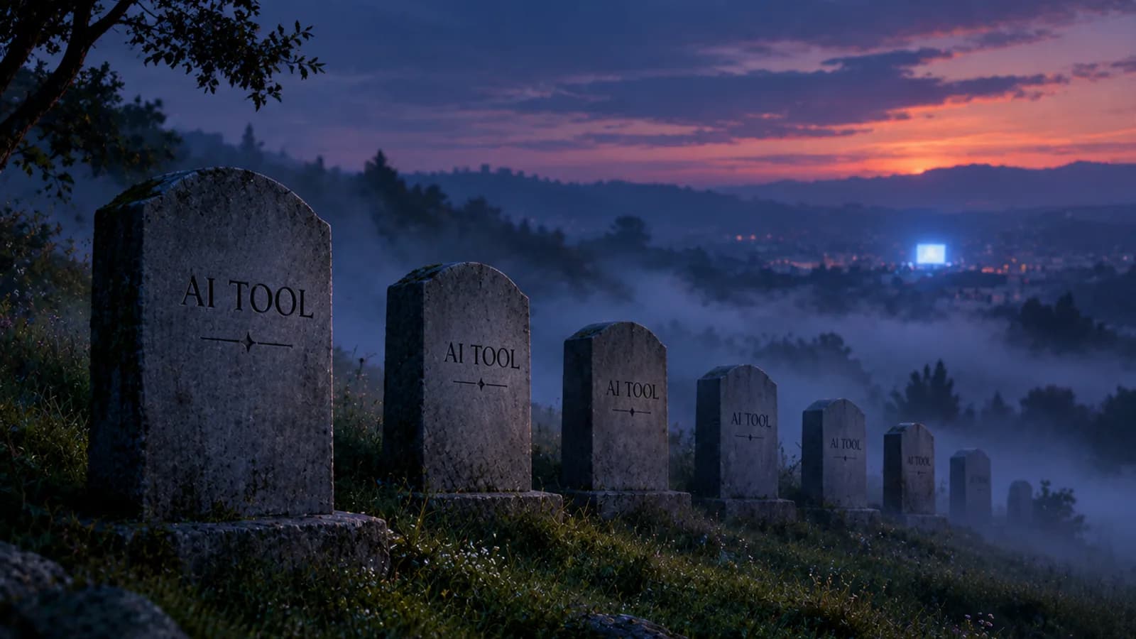 A row of tombstones labelled with retired AI tool names, representing the AI tools that shut down or were renamed in 2026.