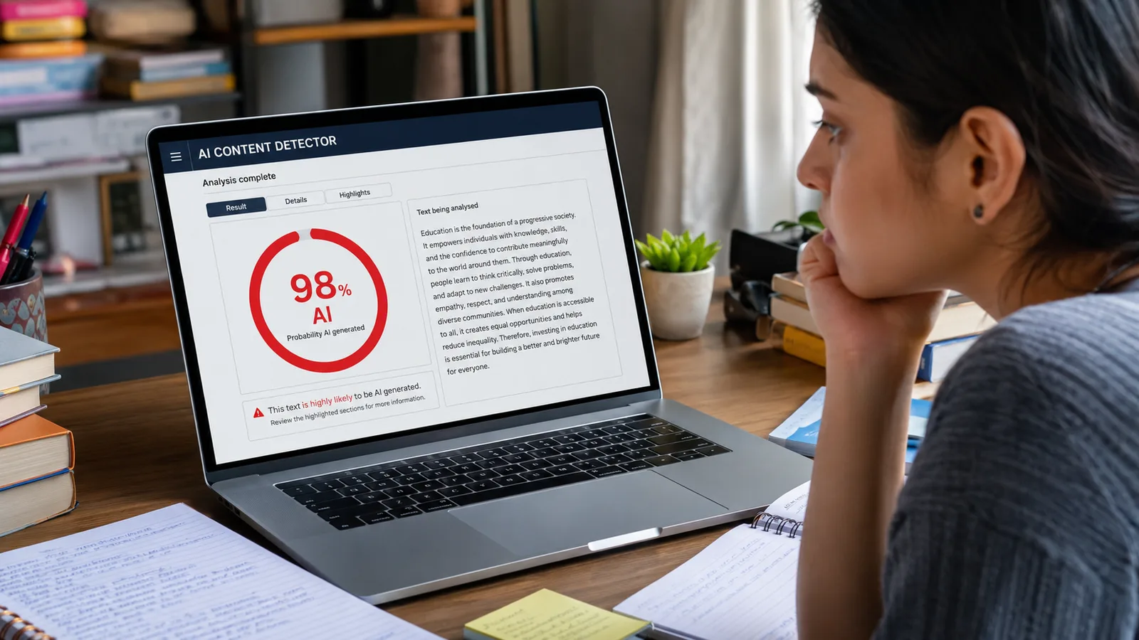 An AI detector result screen showing a high AI-probability percentage over a paragraph of human-written text, illustrating a false positive.