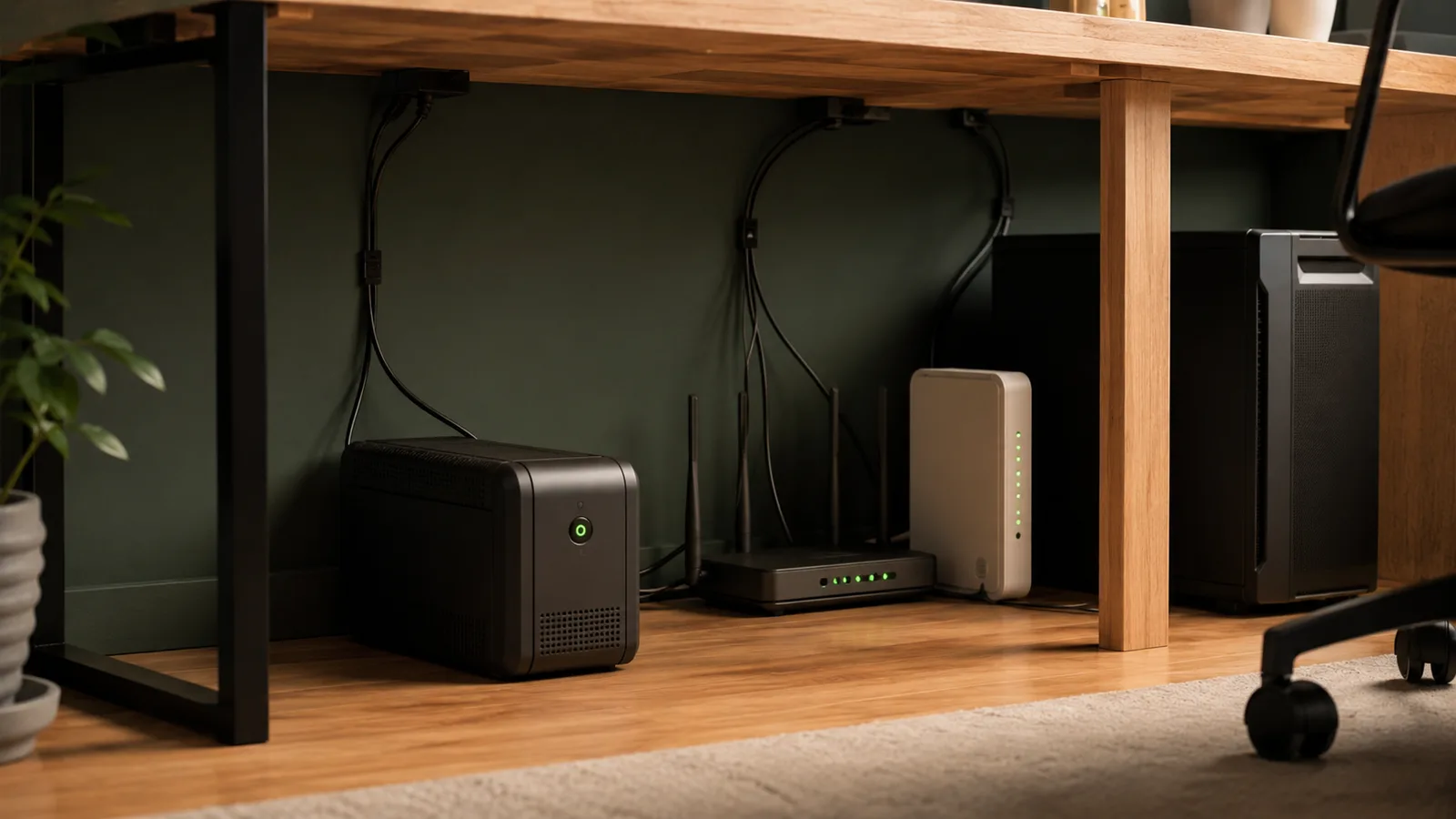 A UPS battery backup unit under a home-office desk connected to a wifi router, modem, and computer, representing power backup for a home office.