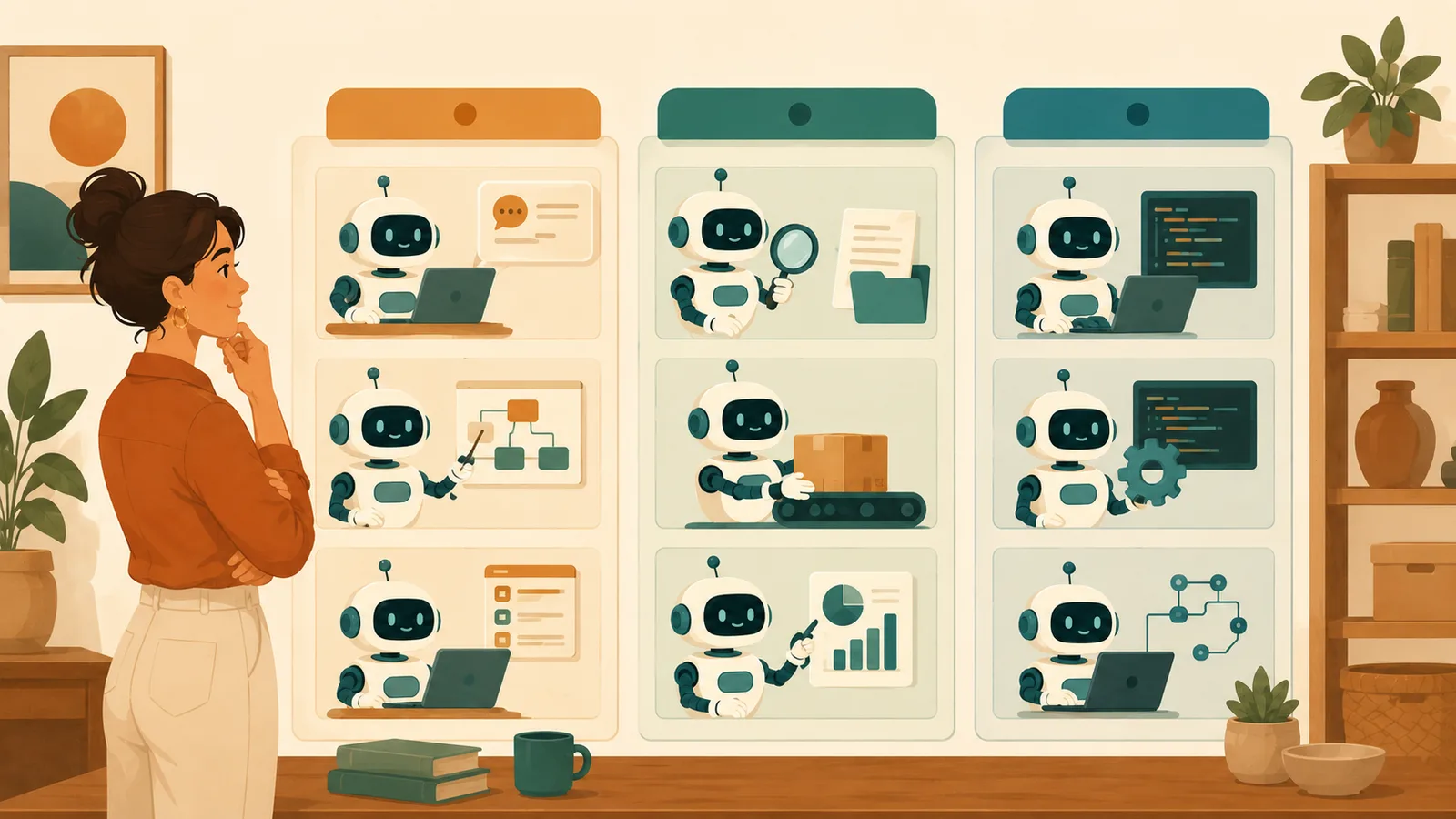 An illustration comparing several AI agents as labelled tiles grouped into no-code, autonomous, and developer lanes.