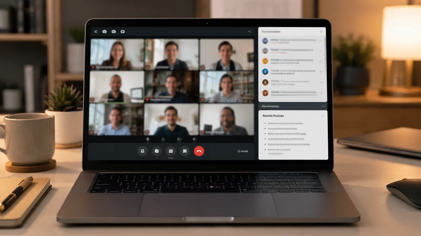 A laptop on a desk during a video call with an AI meeting notetaker panel showing a live transcript and summary.
