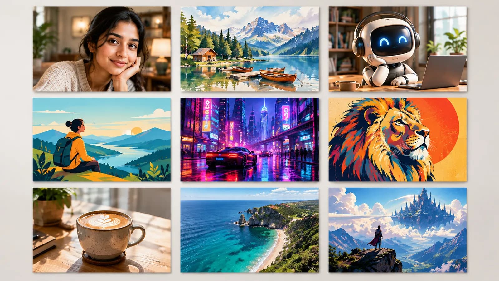 A grid of AI-generated images from several free tools, illustrating a comparison of the best free AI image generators in 2026.