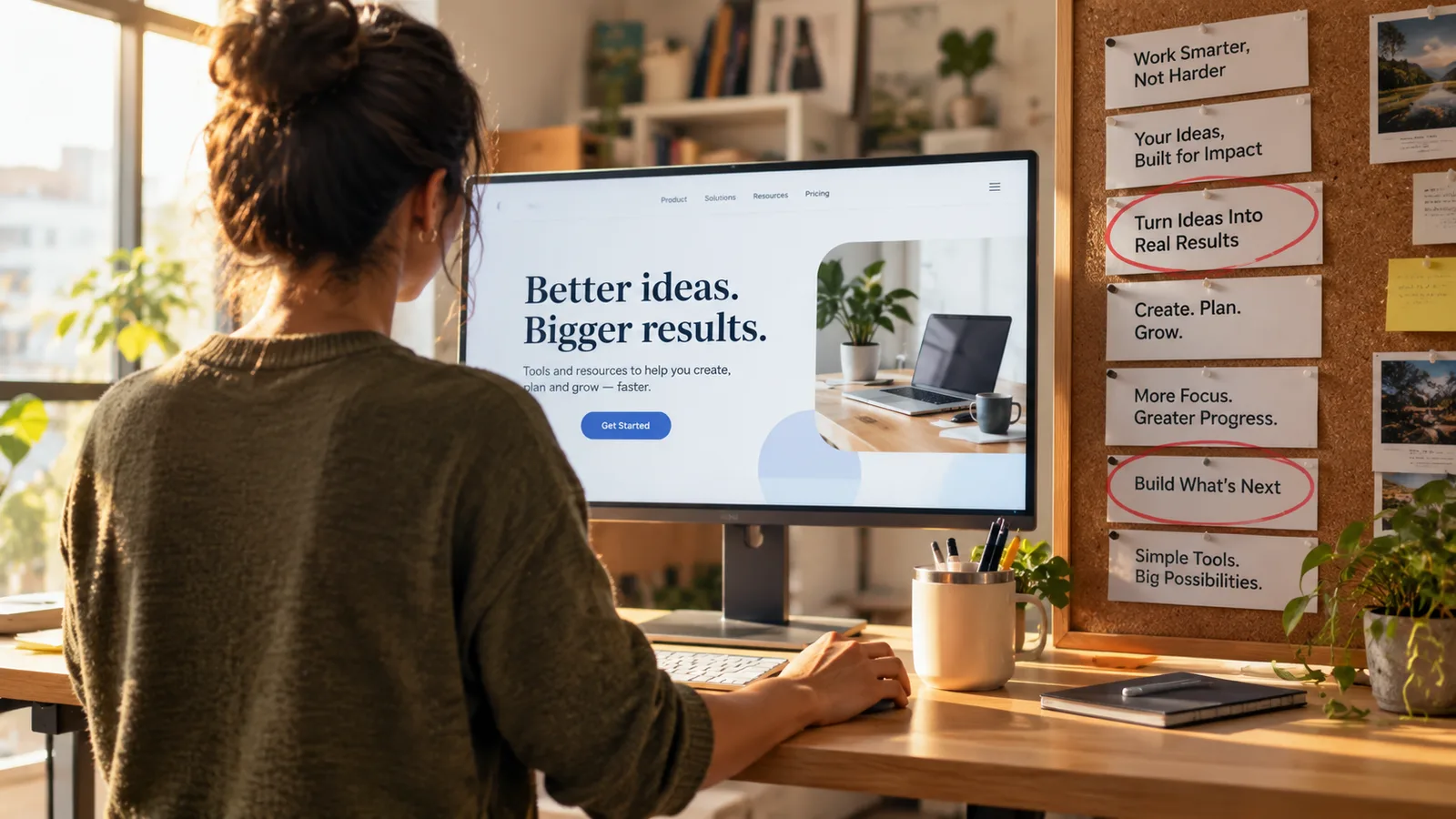 A copywriter at a laptop using a chat assistant to draft a landing page, with headline variations and an ad on the screen.