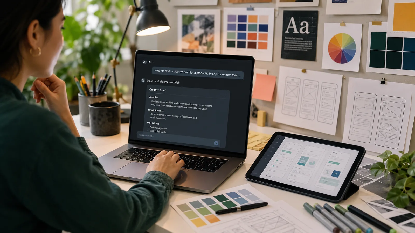A designer at a laptop using a chat assistant to draft a creative brief beside a moodboard and UI wireframes.