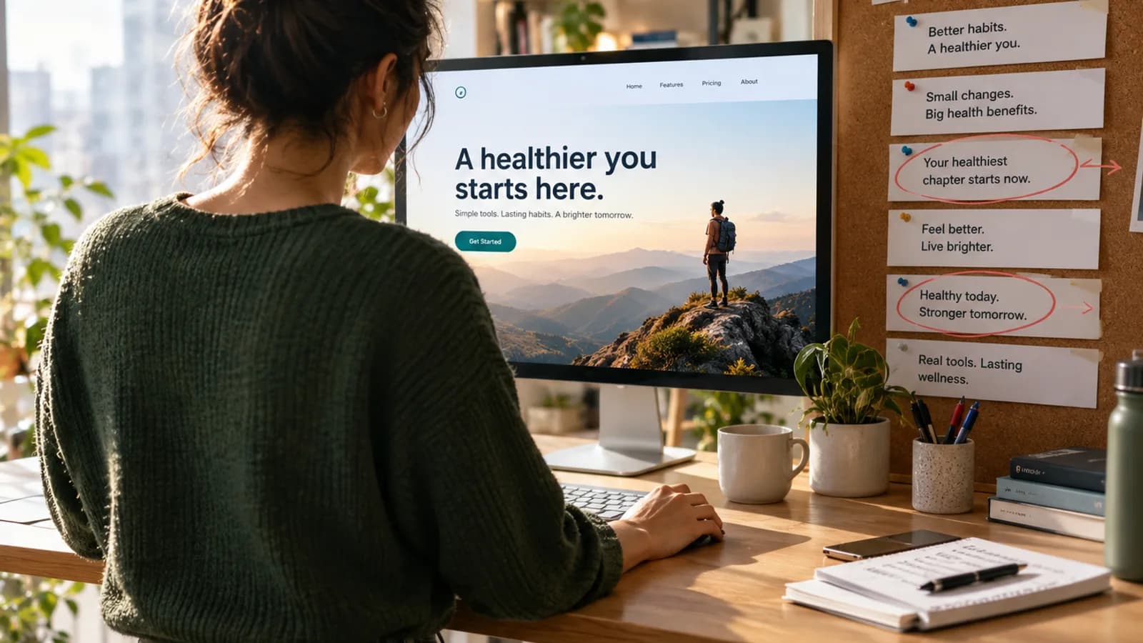 An HR professional at a laptop using a chat assistant to draft a job description, with an onboarding checklist and interview scorecard on the desk.