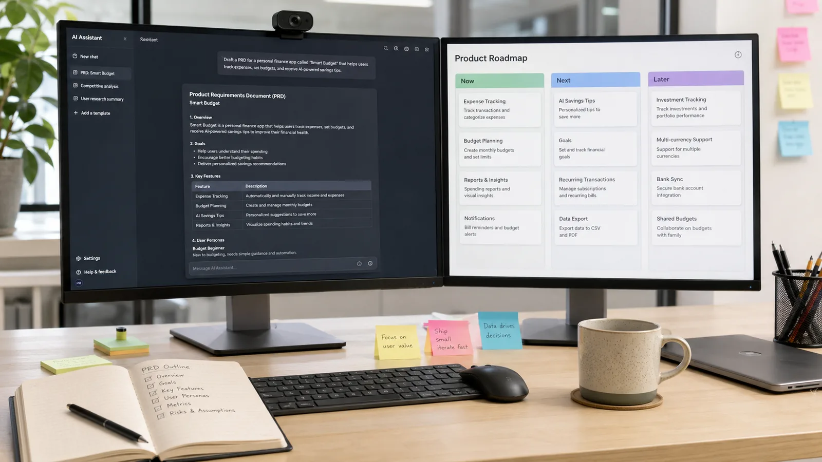 A product manager's screen showing a chat drafting a PRD next to a roadmap board, illustrating AI-assisted product work.