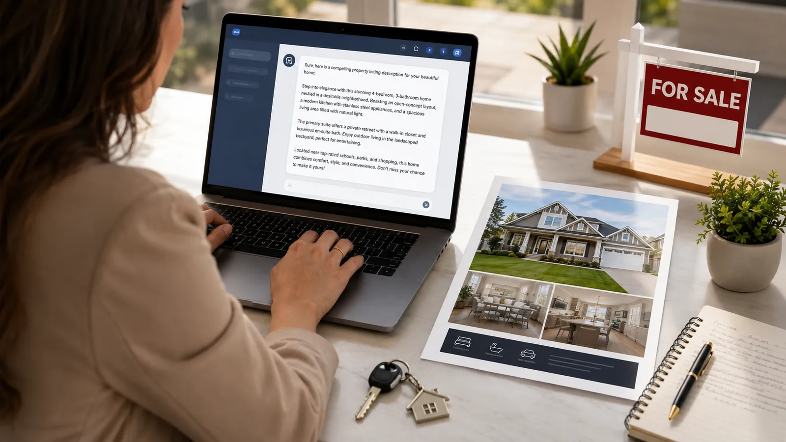 A real estate agent at a laptop using a chat assistant to draft a property listing, with a house photo and a sold sign on screen.