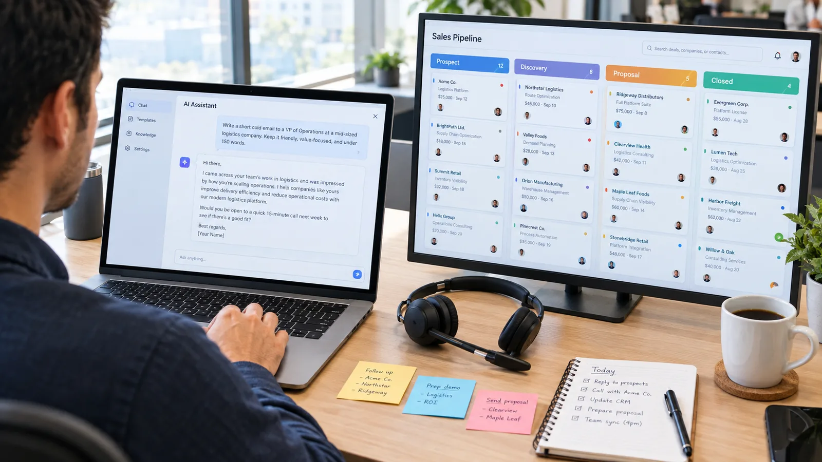 A sales rep at a laptop using a chat assistant to draft a cold email, with a CRM pipeline and prospect notes on the screen.