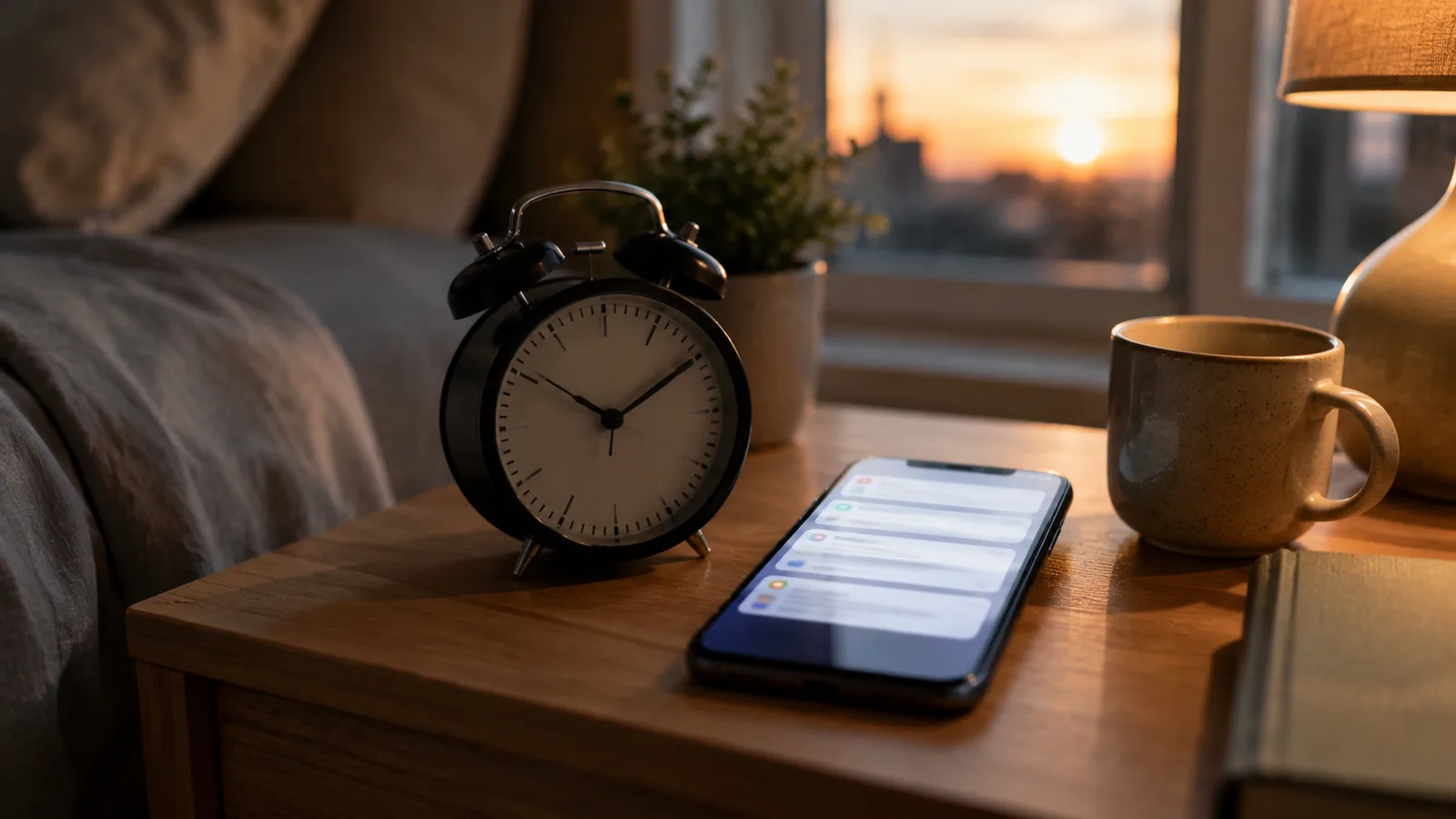 A bedside alarm clock beside a phone showing a stack of notification cards on a nightstand at dusk, with a mug and a lamp.