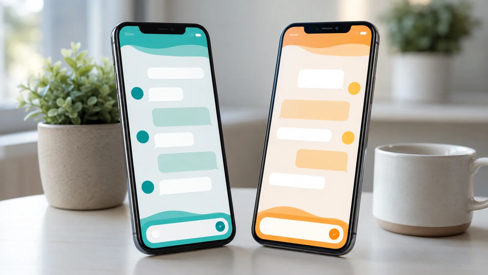 Two phones propped side by side on a desk, each showing a different chat assistant interface.