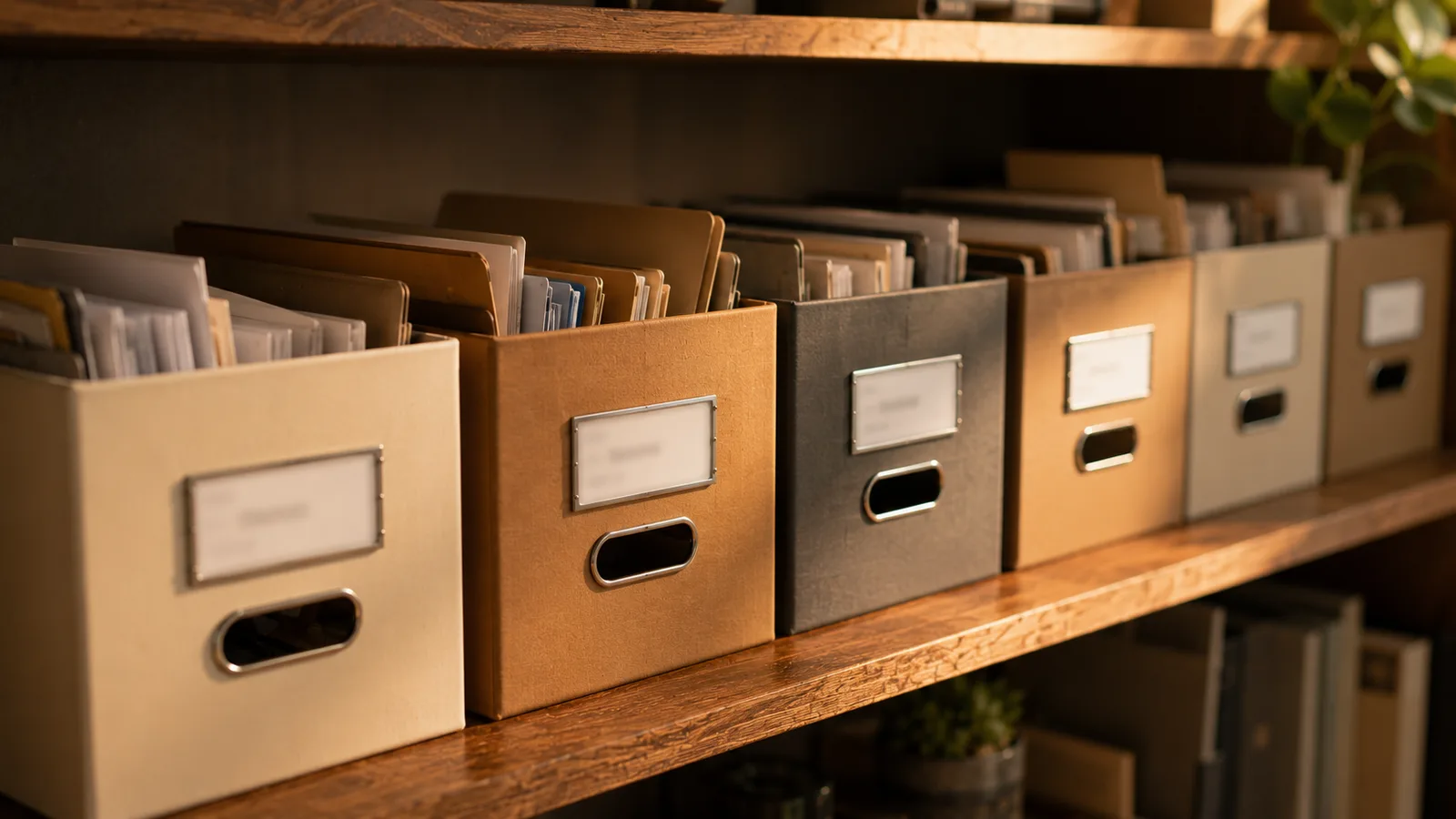 A row of labelled archive boxes on a warm wooden shelf, each holding its own folders and papers, kept separate from the others.