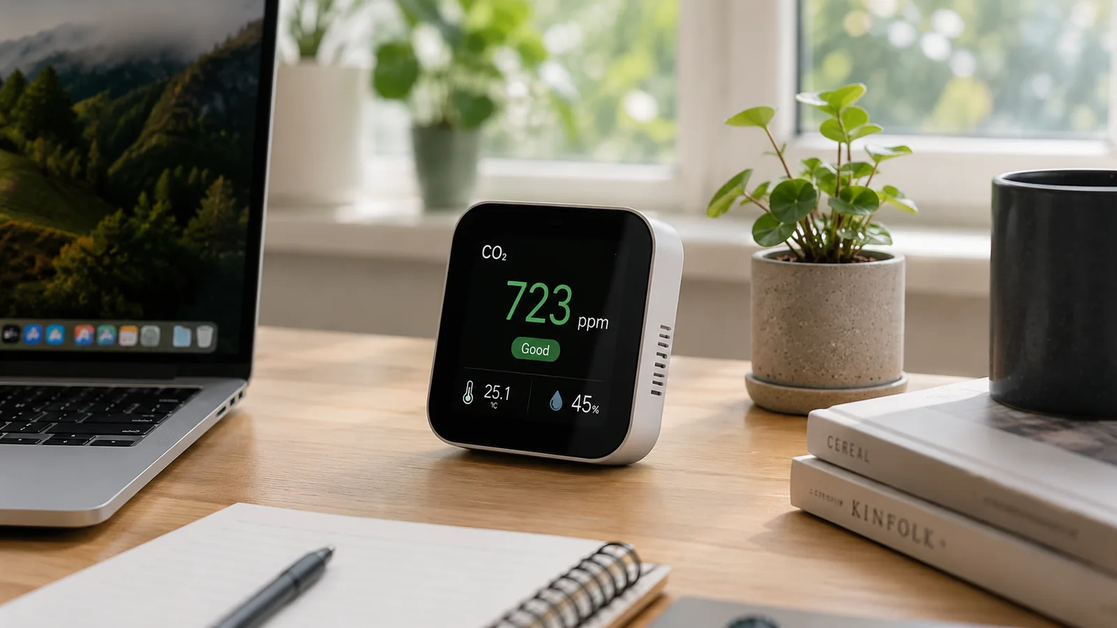 A CO2 monitor on a home-office desk showing a parts-per-million reading, next to a laptop and an open window.